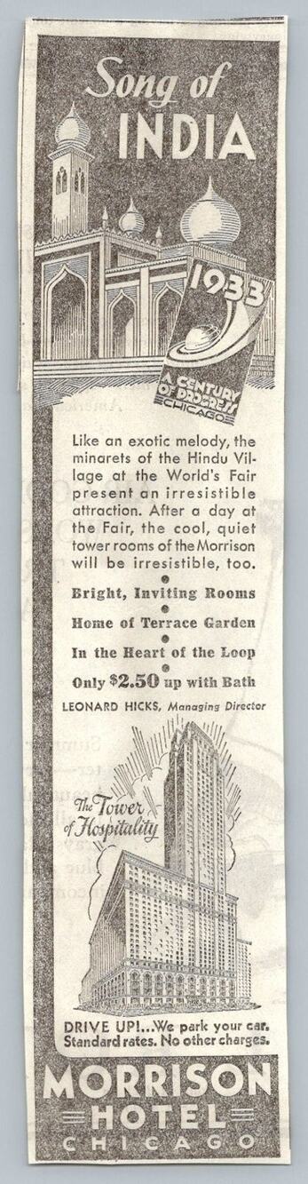 1933 Morrison Hotel Chicago World's Fair Song of India Village Print Ad Ephemera